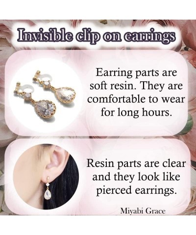 Drop Cubic Zirconia Invisible Clip On Earrings for Women Not Pierced Gold Teardrop Sqaure CZ Crystal Dangle Gold Silver Comfo...