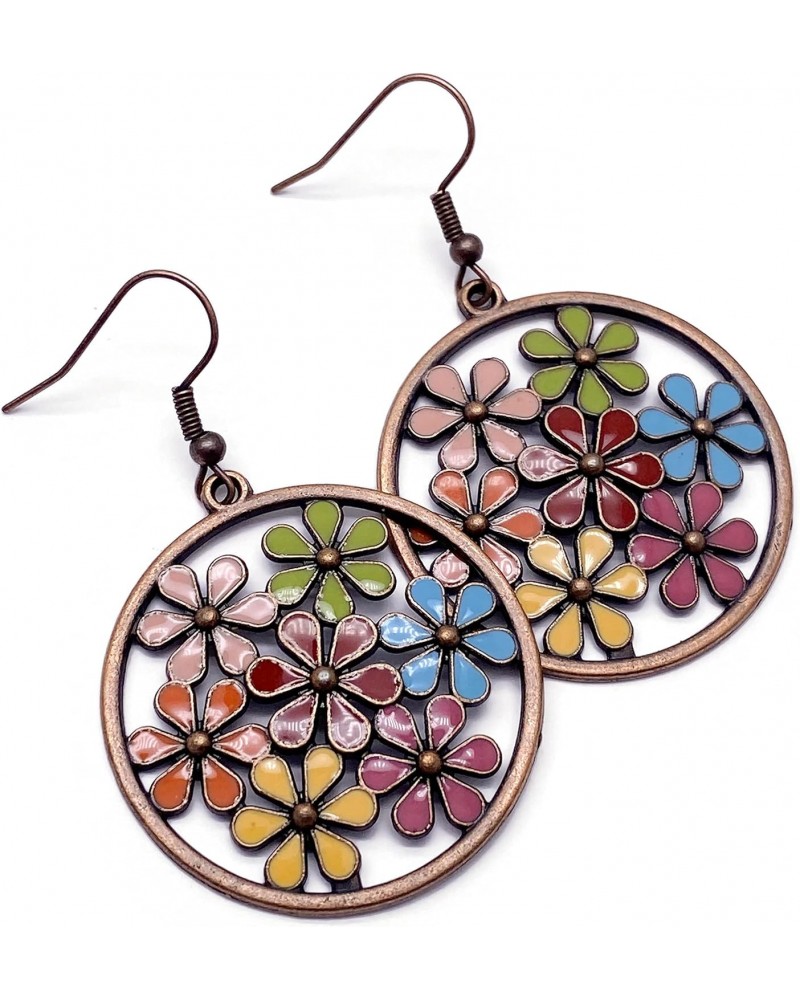 Large Round Earrings with Multi-Color Enamel Flowers Antique Copper Color on Nickel Free Hooks : 55mm $9.00 Earrings