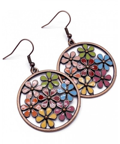 Large Round Earrings with Multi-Color Enamel Flowers Antique Copper Color on Nickel Free Hooks : 55mm $9.00 Earrings