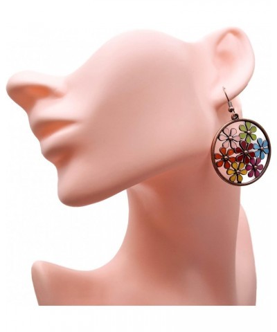 Large Round Earrings with Multi-Color Enamel Flowers Antique Copper Color on Nickel Free Hooks : 55mm $9.00 Earrings