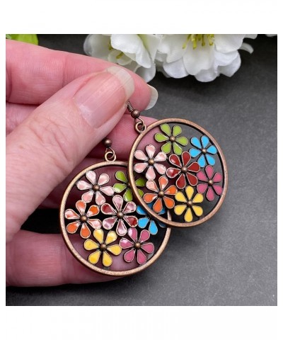 Large Round Earrings with Multi-Color Enamel Flowers Antique Copper Color on Nickel Free Hooks : 55mm $9.00 Earrings