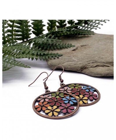 Large Round Earrings with Multi-Color Enamel Flowers Antique Copper Color on Nickel Free Hooks : 55mm $9.00 Earrings