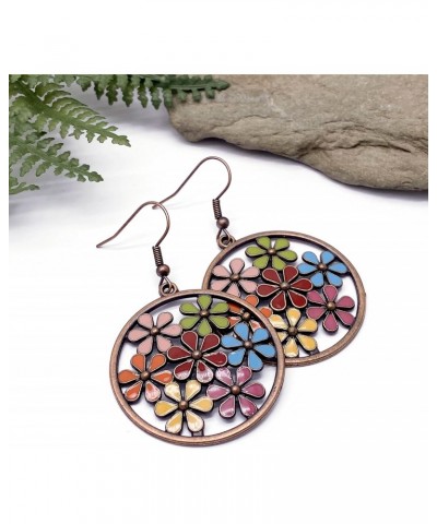 Large Round Earrings with Multi-Color Enamel Flowers Antique Copper Color on Nickel Free Hooks : 55mm $9.00 Earrings