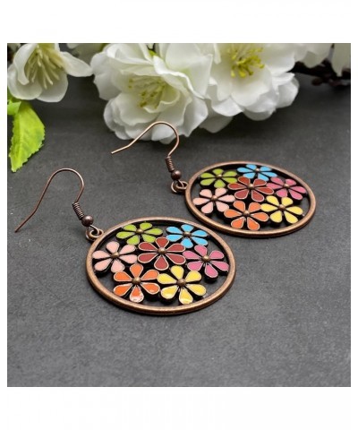 Large Round Earrings with Multi-Color Enamel Flowers Antique Copper Color on Nickel Free Hooks : 55mm $9.00 Earrings