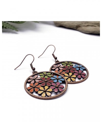 Large Round Earrings with Multi-Color Enamel Flowers Antique Copper Color on Nickel Free Hooks : 55mm $9.00 Earrings