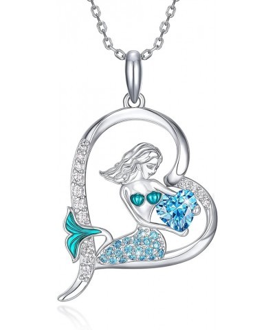 Mermaid Necklace for Women Girls 18K Platinum Plated Sea Blue CZ Heart Mermaid Pendant Mermaid Jewelry Gifts for Girlfriend W...