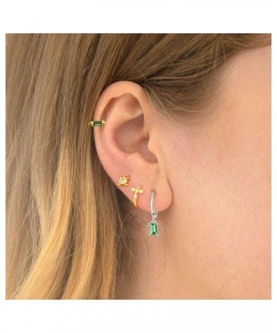 14K Gold Plated Cuff Small Hoop With Mini Green CZ Charm Drop Cartilage Earrings for Women Teen Girls Sensitive Ear 925 Sterl...