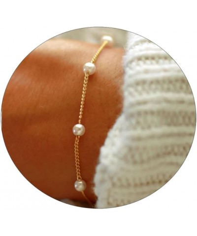 Dainty Bracelet for Women 14K Gold Plated Cross Pearl CZ Leaf Bracelets Set Gold Layering Bracelets Everyday Jewelry 7 pearl-...