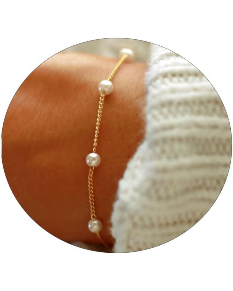 Dainty Bracelet for Women 14K Gold Plated Cross Pearl CZ Leaf Bracelets Set Gold Layering Bracelets Everyday Jewelry 7 pearl-...