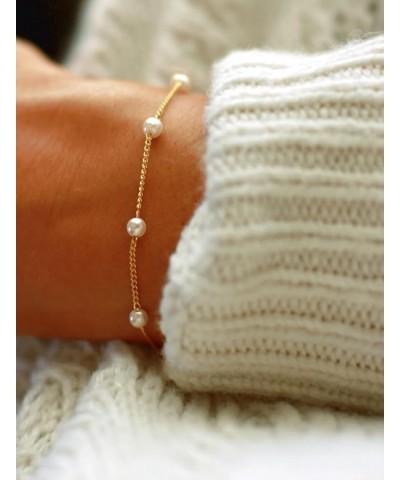 Dainty Bracelet for Women 14K Gold Plated Cross Pearl CZ Leaf Bracelets Set Gold Layering Bracelets Everyday Jewelry 7 pearl-...