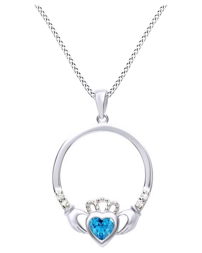 Jewel Zone US Claddagh Heart Pendant Necklace in 14k White Gold Over Sterling Silver W/Chain 18 Simulated Aquamarine $34.16 N...