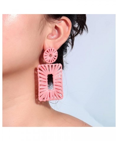 Geometric Shape Pendant Colorful Raffia Stud Earrings Braided Lightweight Earrings Rectangular Round Studs Summer Accessories...