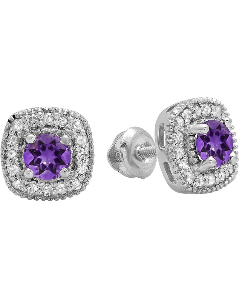 Round Gemstone & White Diamond Ladies Halo Style Stud Earrings, 925 Sterling Silver Amethyst $121.34 Earrings