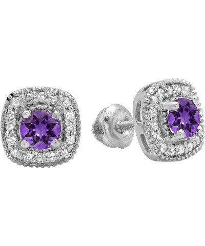 Round Gemstone & White Diamond Ladies Halo Style Stud Earrings, 925 Sterling Silver Amethyst $121.34 Earrings