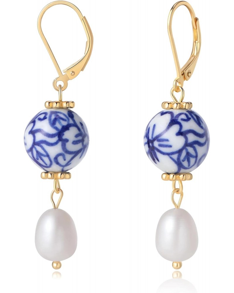 Pearl Danlge Earrings for Women，Handmade Blue and White Porcelain Ceramic Flower Freshwater Pearl Drop Earrings - Gold Leverb...