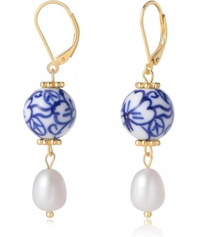 Pearl Danlge Earrings for Women，Handmade Blue and White Porcelain Ceramic Flower Freshwater Pearl Drop Earrings - Gold Leverb...