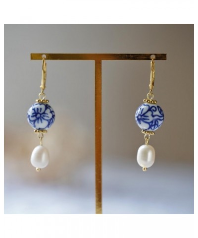 Pearl Danlge Earrings for Women，Handmade Blue and White Porcelain Ceramic Flower Freshwater Pearl Drop Earrings - Gold Leverb...