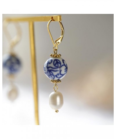 Pearl Danlge Earrings for Women，Handmade Blue and White Porcelain Ceramic Flower Freshwater Pearl Drop Earrings - Gold Leverb...