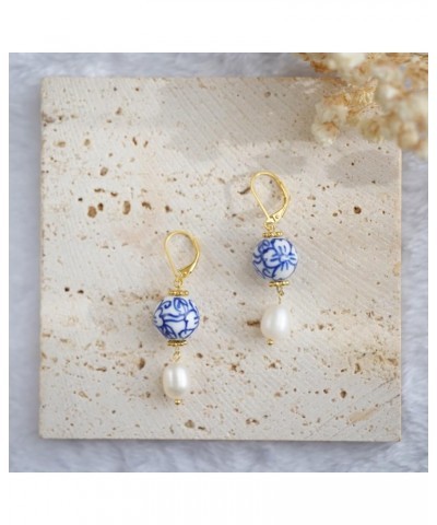 Pearl Danlge Earrings for Women，Handmade Blue and White Porcelain Ceramic Flower Freshwater Pearl Drop Earrings - Gold Leverb...