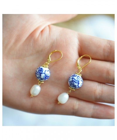 Pearl Danlge Earrings for Women，Handmade Blue and White Porcelain Ceramic Flower Freshwater Pearl Drop Earrings - Gold Leverb...