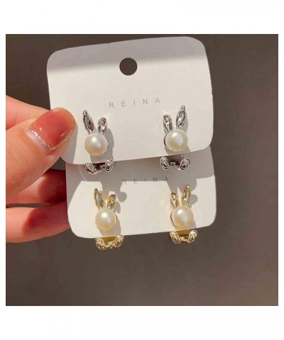 Bohemia Pearl Rabbit Ear Jacket Earrings Gold Rabbit Stud Earrings Pearl Bunny Earrings Cute Animal Rabbit Earrings Round Pea...