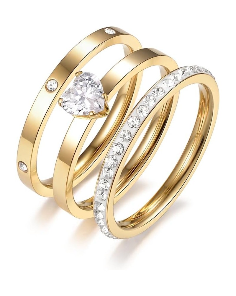 Stainless Steel Stacking Tiny 3 Rings Set for Women，Cubic Zirconia Statement Ring Set Size 5-10 7 Gold Heart Rings $9.67 Rings