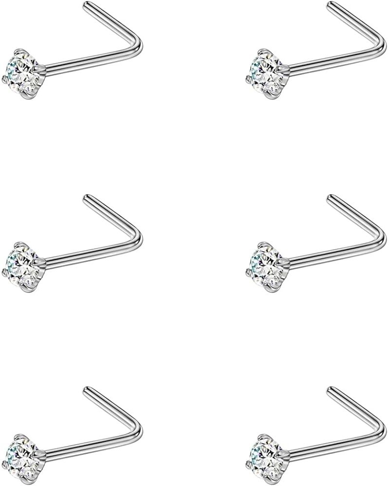 6PCS Surgical Steel/Titanium Nose Studs for Women Nostril Piercing Jewelry 22g / 20g / 18g 2mm CZ/L-shape/22g/Silver Titanium...