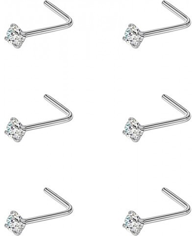 6PCS Surgical Steel/Titanium Nose Studs for Women Nostril Piercing Jewelry 22g / 20g / 18g 2mm CZ/L-shape/22g/Silver Titanium...