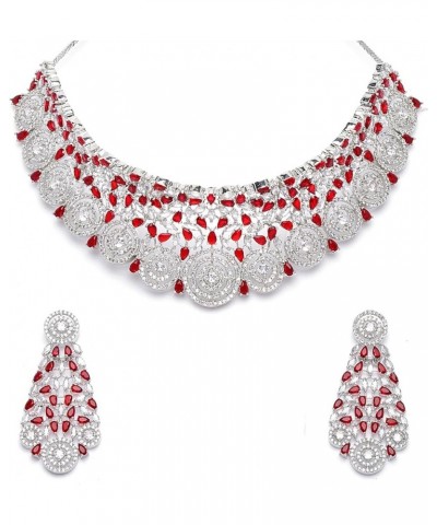 Women's Rhodium-Plated Silver American Diamond Choker Necklace With Earrings Jewellery Set Red $20.53 Jewelry Sets