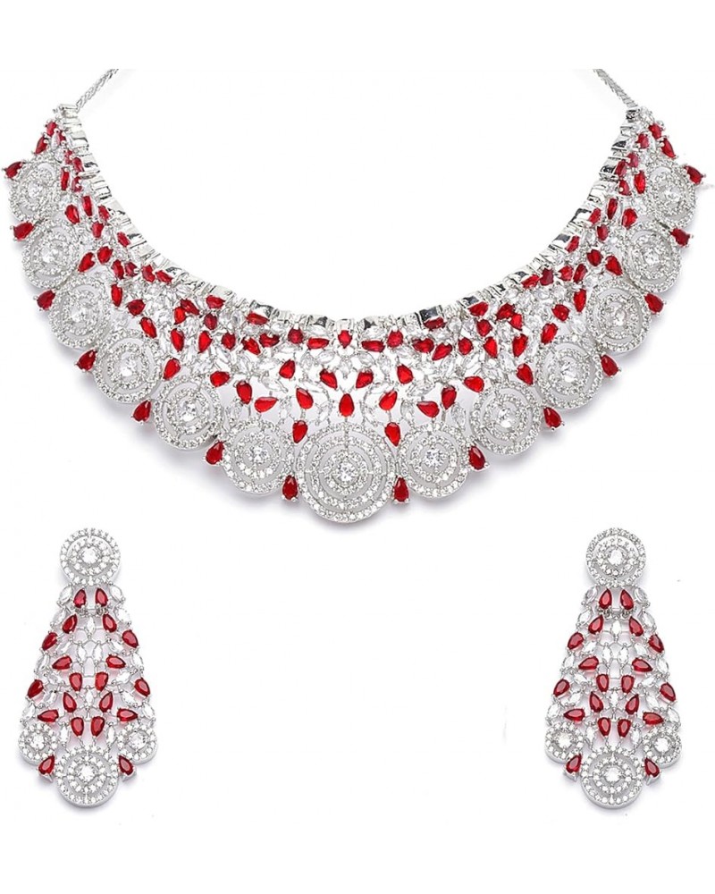 Women's Rhodium-Plated Silver American Diamond Choker Necklace With Earrings Jewellery Set Red $20.53 Jewelry Sets