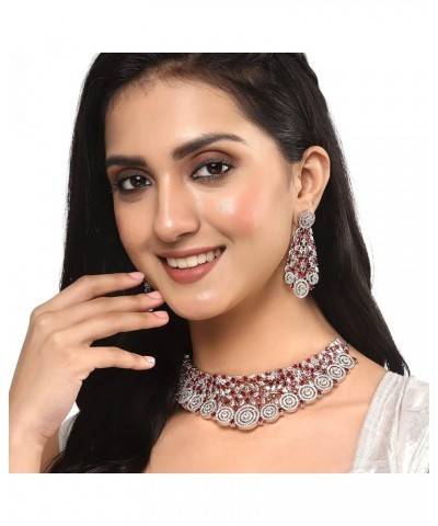 Women's Rhodium-Plated Silver American Diamond Choker Necklace With Earrings Jewellery Set Red $20.53 Jewelry Sets