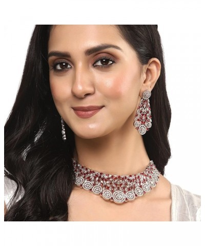 Women's Rhodium-Plated Silver American Diamond Choker Necklace With Earrings Jewellery Set Red $20.53 Jewelry Sets