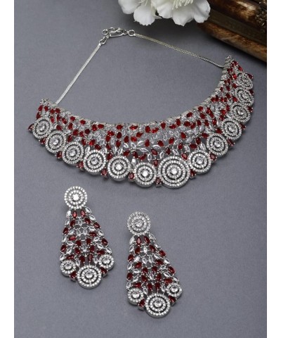 Women's Rhodium-Plated Silver American Diamond Choker Necklace With Earrings Jewellery Set Red $20.53 Jewelry Sets