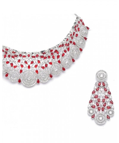 Women's Rhodium-Plated Silver American Diamond Choker Necklace With Earrings Jewellery Set Red $20.53 Jewelry Sets