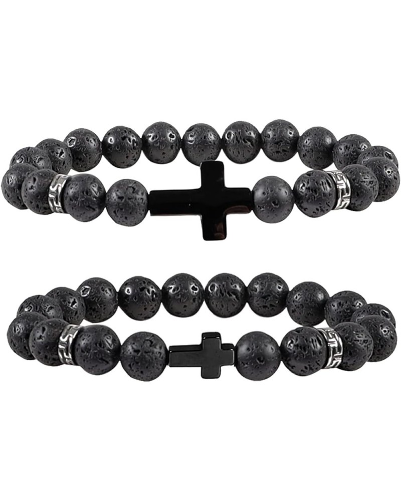 8mm Cross Beads Wooden Bracelet for Men Women Healing Lava Rock Stretch Bracelets Set D: Cross Bracelet Lava Rock $10.43 Brac...