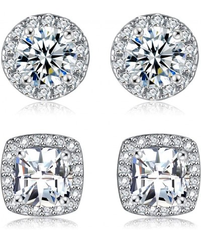 18K White Gold Plated Round Square Cubic Zirconia Simulated Diamond Halo Stud Earrings (2 Pairs) $5.22 Earrings