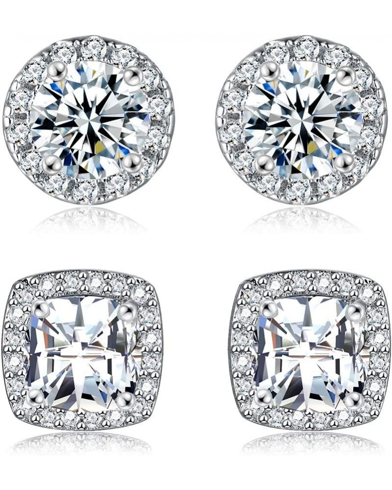 18K White Gold Plated Round Square Cubic Zirconia Simulated Diamond Halo Stud Earrings (2 Pairs) $5.22 Earrings