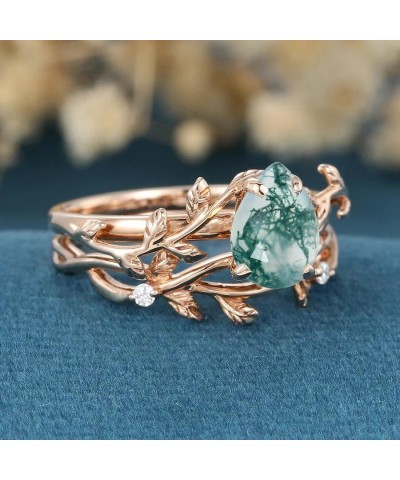 S925 10k/14k/18k Rose Gold 1.0 CT Natural Pear Cut Moss Agate Engagement Ring Set for Women Art Deco Green Moss Bridal Set Vi...