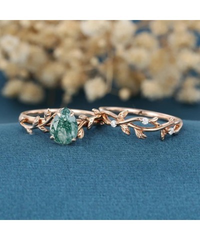 S925 10k/14k/18k Rose Gold 1.0 CT Natural Pear Cut Moss Agate Engagement Ring Set for Women Art Deco Green Moss Bridal Set Vi...