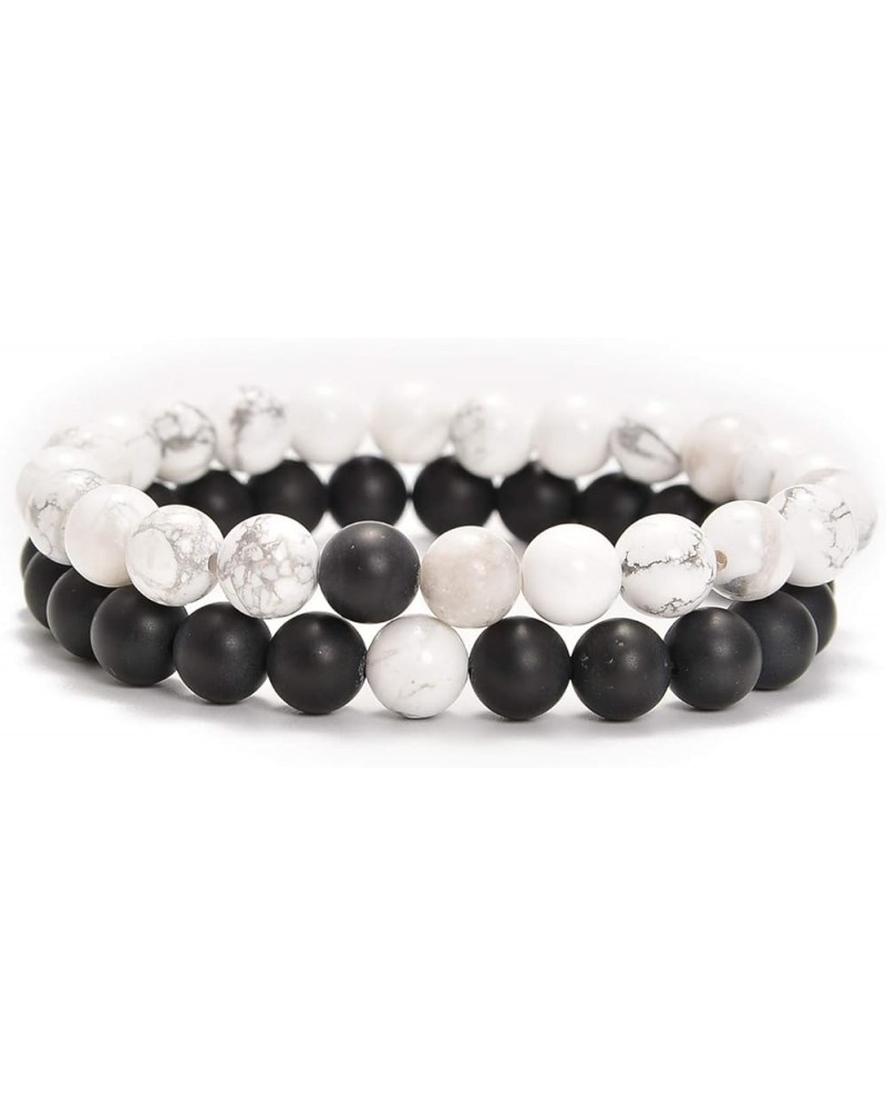 2Pcs His & Hers Distance Beads Bracelets Elastic Natural Stone Yoga Bracelet Matt Black Agate+White Turquoise $8.63 Bracelets