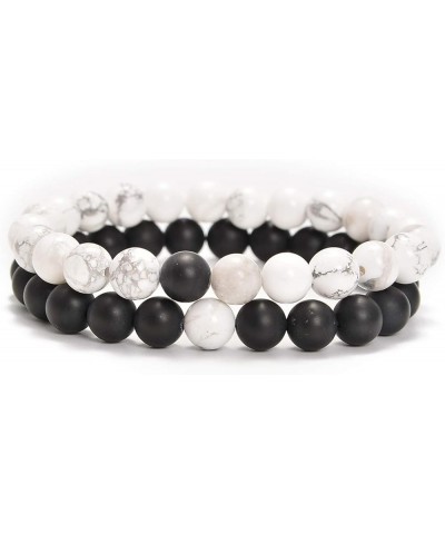 2Pcs His & Hers Distance Beads Bracelets Elastic Natural Stone Yoga Bracelet Matt Black Agate+White Turquoise $8.63 Bracelets