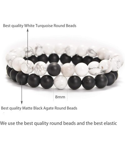 2Pcs His & Hers Distance Beads Bracelets Elastic Natural Stone Yoga Bracelet Matt Black Agate+White Turquoise $8.63 Bracelets