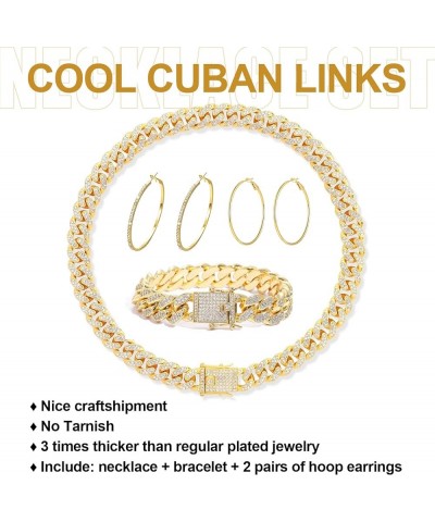 Cuban Link Chain Jewelry Sets for Women Rhinestone Hoop Earrings Necklace Bracelet Set Bling Diamond Hip Hop Jewelry for Wome...