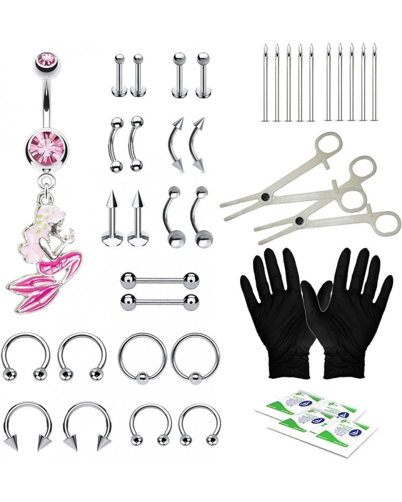 36PC PRO Piercing Kit Stainless Steel 14G 16G Belly Ring Tongue Nipple Nose Jewelry Silvertone, Pink Mermaid $11.39 Body Jewelry