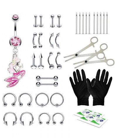 36PC PRO Piercing Kit Stainless Steel 14G 16G Belly Ring Tongue Nipple Nose Jewelry Silvertone, Pink Mermaid $11.39 Body Jewelry