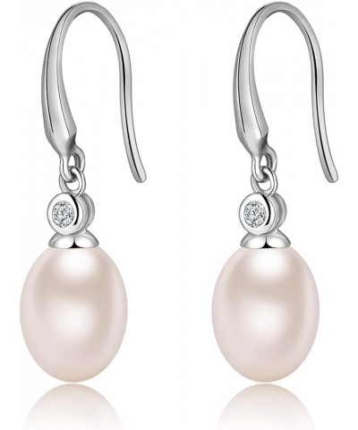 18K White Gold Plated Pearl Dangle Drop Earrings, 925 Sterling Silver Cubic Zirconia Pearl Leverback Earrings for Women 8MM-1...