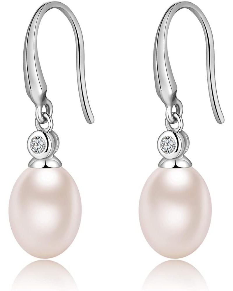 18K White Gold Plated Pearl Dangle Drop Earrings, 925 Sterling Silver Cubic Zirconia Pearl Leverback Earrings for Women 8MM-1...