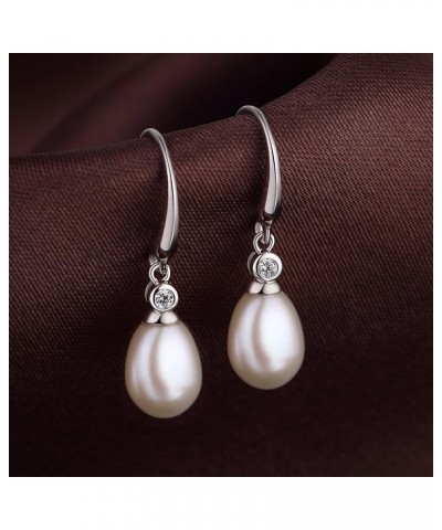 18K White Gold Plated Pearl Dangle Drop Earrings, 925 Sterling Silver Cubic Zirconia Pearl Leverback Earrings for Women 8MM-1...