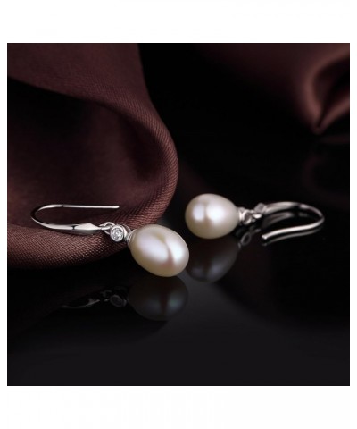 18K White Gold Plated Pearl Dangle Drop Earrings, 925 Sterling Silver Cubic Zirconia Pearl Leverback Earrings for Women 8MM-1...