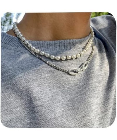 Pearl Necklace for Men Faux Pearl Necklace Mens Pearl Necklace Layered Cuban Link Necklace Pearl Chain Necklace Valentines Da...